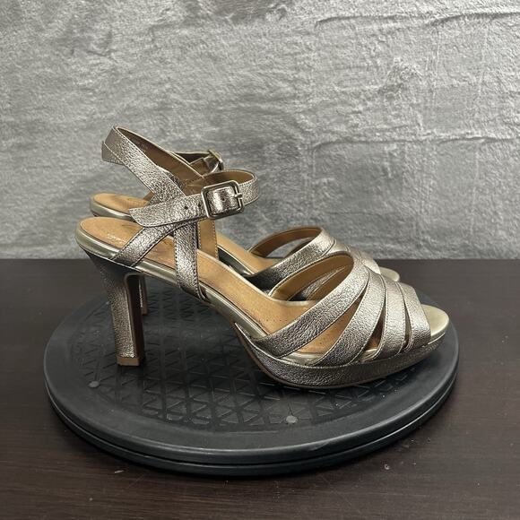 Clarks Womens Sz 8.5M Artisan Gold Leather Platform Sandal Slingback Heels - Picture 1 of 10
